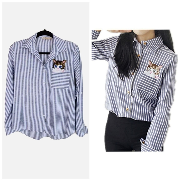 m & s collection Other - Striped White & Blue Cat in Pocket Long Sleeve Top